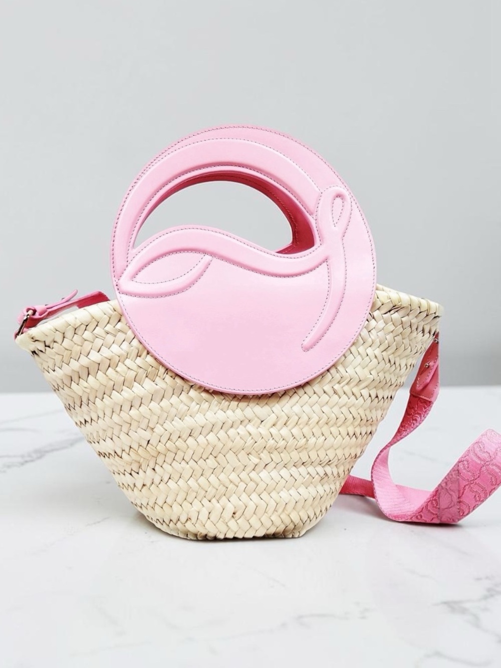 Christian Louboutin Loubishore Pink Leather Straw Basket Tote Bag Strap - Picture 3 of 10